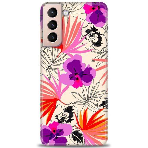 Samsung Galaxy S21 Kılıf HD Baskılı Kılıf - Kırmızı Mor Çiçekler + Tam Ekran Koruyucu