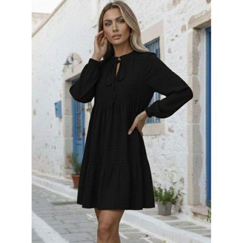 Kadın Uzun Kollu Yakadan Bağcıklı Fırfırlı Keten Mini Elbise
