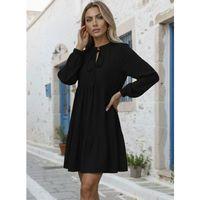 Kadın Uzun Kollu Yakadan Bağcıklı Fırfırlı Keten Mini Elbise