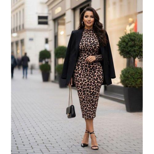 Kadın Uzun Kollu Balıkçı Yaka Leopar Desenli Midi Boy Elbise