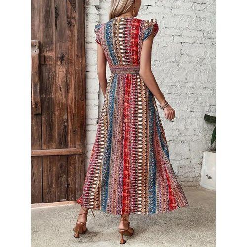 Kadın Kısa Kollu V Yakalı Desenli Yandan Yırtmaçlı Süprem Elbise