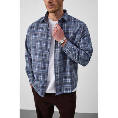 Carol Relaxed Fit Pamuklu Çizgili Flanel Erkek Gömlek - Mavi