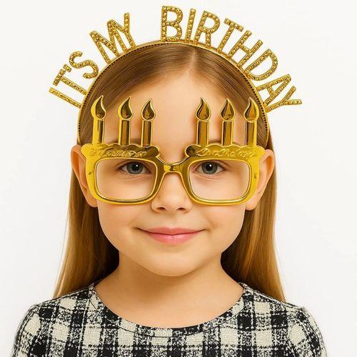 Çocuk İt&amp;#39;sMyBirthdayYazılıTaçveMumŞekilliGözlükSetiAltınRenk
