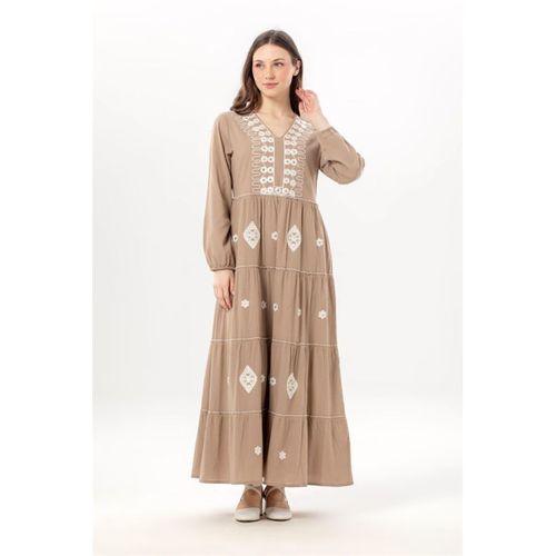 Uzun Kol Yakamoz V Yaka Nakışlı Şile Bezi Uzun Pullu Elbise Humus hms