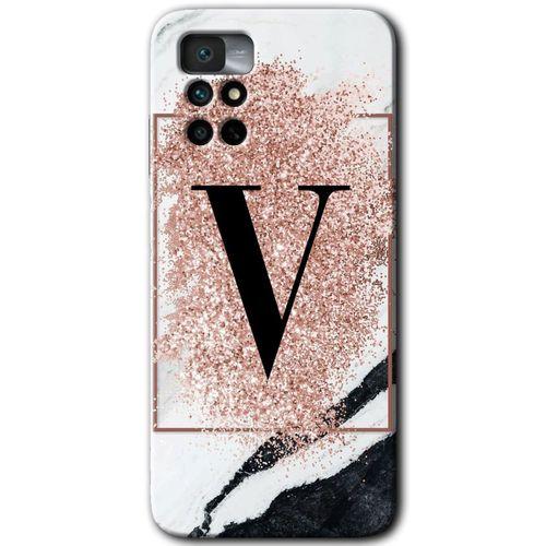 Redmi Note 11 4G Kılıf HD Desen Baskılı Arka Kapak - Pembe Mermer Desenli V Harfi + Kırılmaz Cam