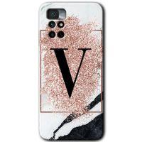 Redmi Note 11 4G Kılıf HD Desen Baskılı Arka Kapak - Pembe Mermer Desenli V Harfi + Kırılmaz Cam