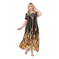 Melsay Butik Kısa Kollu Asimetrik Kesim Sarı Dalgalı Reflektör Desen Büyük Beden Elbise