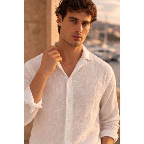 Apaş Yaka  Oversize Müslin Kumaş Gömlek - Beyaz