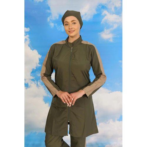Kadın Pantolonlu Kolu Şeritli Tam Tesettür Mayo Haki