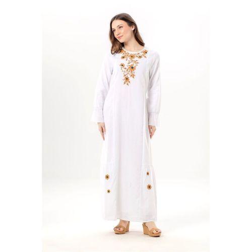 Uzun Kol Aysu Nakışlı Bisiklet Yaka Şile Bezi Yazlık Uzun Elbise Beyaz Byz
