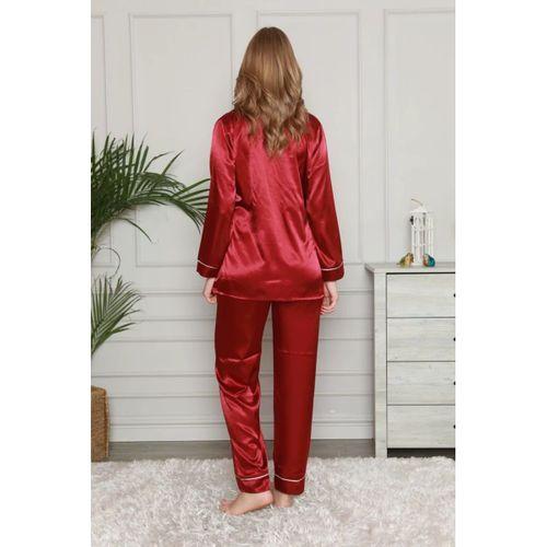 KADIN BORDO DÜĞMELİ SATEN PİJAMA TAKIMI