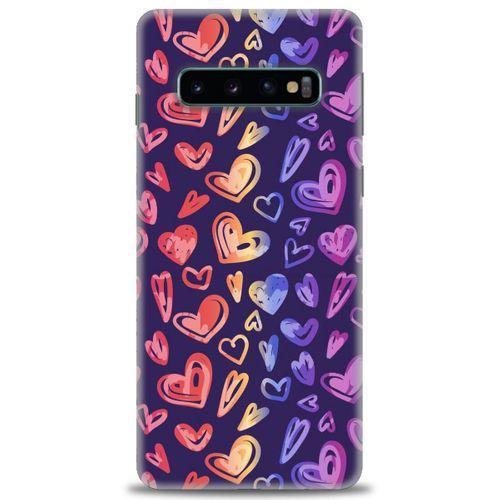 Samsung Galaxy S10 Kılıf HD Baskılı Kılıf - Renkli Kalpler + Tam Ekran Koruyucu