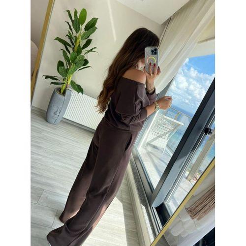 Kadın Uzun Kollu Tek Omuzdan Açık Modal Bluz Ve Pantolon Ikili Takım