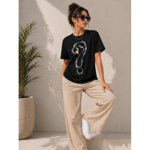 Kuğu Figürlü Soru İşareti Baskılı Tişört Kısa Kol T-Shirt - Siyah