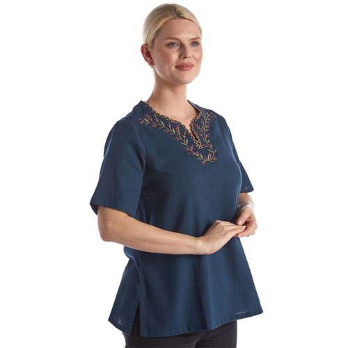 Şile Bezi Kısa Kol Petrol Nakışlı V Yaka Yazlık Otantik Bluz