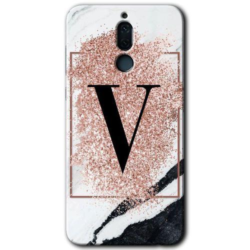 MRCİLETİSİM Huawei Mate 10 Lite Kılıf HD Desen Baskılı Arka Kapak + Temperli Cam - Pembe Mermer Desenli V Harfi