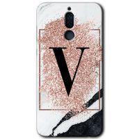 MRCİLETİSİM Huawei Mate 10 Lite Kılıf HD Desen Baskılı Arka Kapak + Temperli Cam - Pembe Mermer Desenli V Harfi