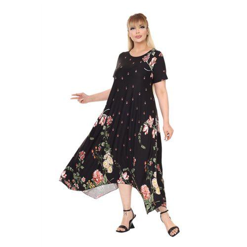 Melsay Butik Siyah Sulu Pembe Çiçek Desen Asimetrik Kısa Kollu Elbise