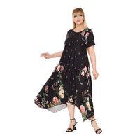 Melsay Butik Siyah Sulu Pembe Çiçek Desen Asimetrik Kısa Kollu Elbise