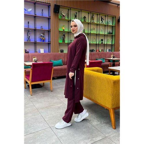 Kapşonlu Yandat Çıtçıtlı Sade Basic Uzun Tunik ve Pantolon İkili Spor Takım - 03071.020 - Mürdüm