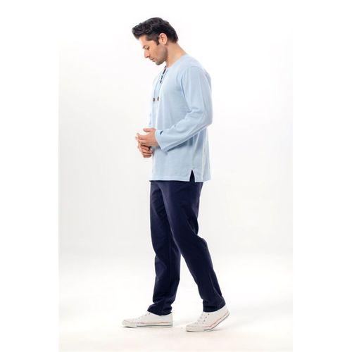 Büyük Beden Şile Bezi Uzun Kol Zımbalı Erkek Yazlık Tshirt Buz Mavi 3027