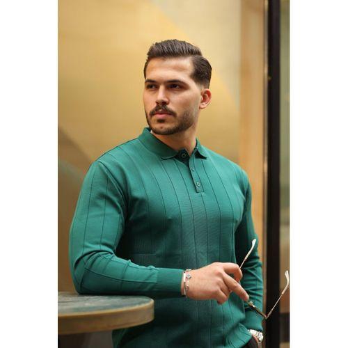 Erkek Düğmeli Yaka çizgi Dokulu Uzun Kollu Triko