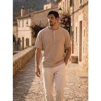 Roth Relaxed Fit Günlük Henley Yaka Waffle Kumaş Yazlık Kısa Kollu T-Shirt - Bej