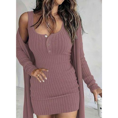 Kadın Askılı Yuvarlak Yakalı önü Düğmeli şardonlu Kaşkorse Mini Elbise Ve Kısa Ceket