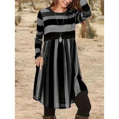 Kadın Uzun Kollu Bisiklet Yaka çizgili Desen Detaylı Süprem Mini Elbise