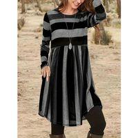 Kadın Uzun Kollu Bisiklet Yaka çizgili Desen Detaylı Süprem Mini Elbise