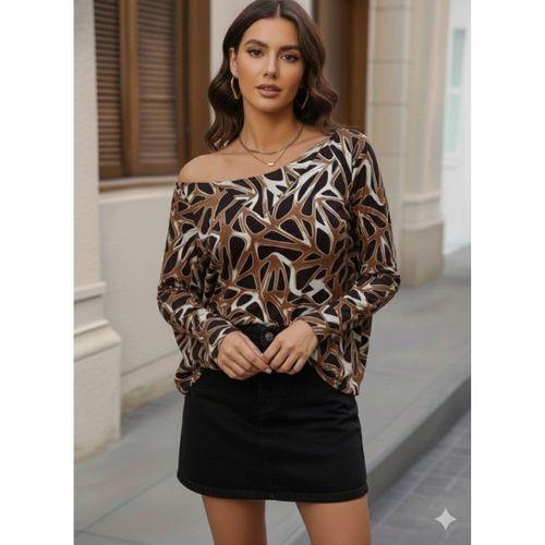 Kadın Uzun Kollu V Yaka Düşük Omuz Geometrik Desen şardonlu Dalgıç Bluz