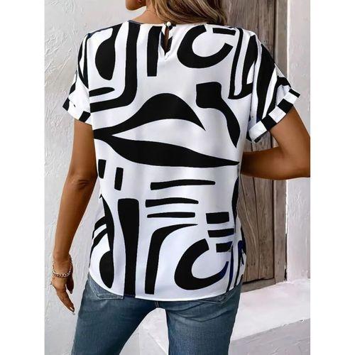 Kadın Kısa Kollu Yuvarlak Yaka Desenli Süprem Bluz