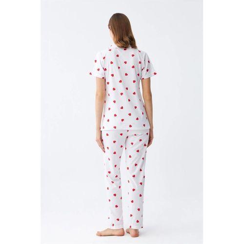 Kadın Beyaz Kırmızı Kalpli Önden Düğmeli Pijama Takımı