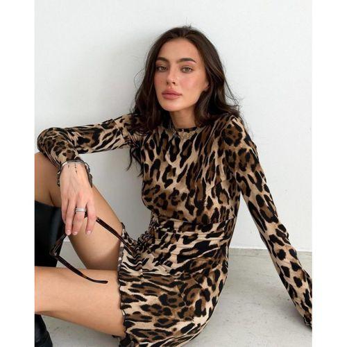 Kadın Uzun Kollu Sırtı Açık Bağlamalı Leopar Desenli Kısa Dalgıç Elbise