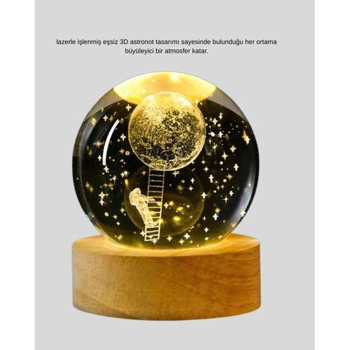 Ahşap Tabanlı 3d Astronot Küre Lamba Çocuk Odası Ve Masa Üstü Dekor