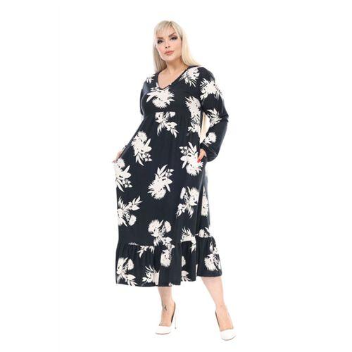 Melsay Butik Kışlık Robalı Yumoş Uzun Kollu Siyah Beyaz Yaprak Desenli Elbise