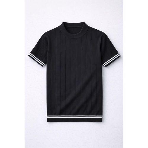 Dale Kolları Şeritli Bisiklet Yaka İnce Triko Örme Regular Fit Erkek T-Shirt - Siyah