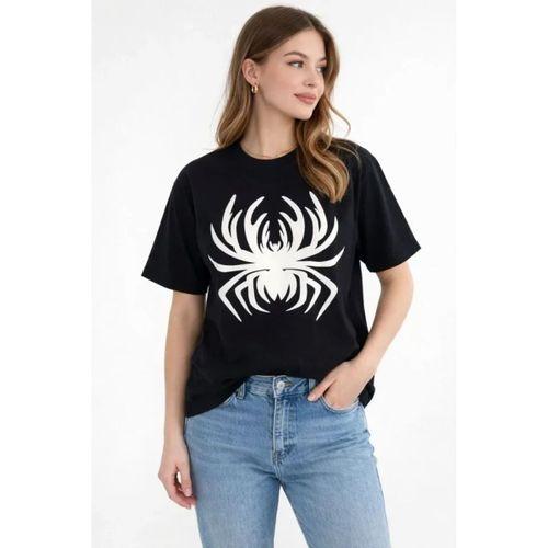 Örümcek Baskılı Tişört Kısa Kollu Bisiklet Yaka T-Shirt - Siyah