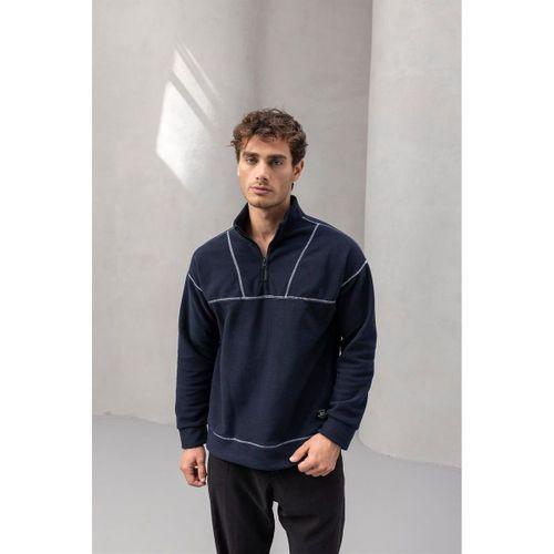 Crowe Çizgi Şeritli Oversize Yarım Fermuar Polar Erkek Sweatshirt - Lacivert