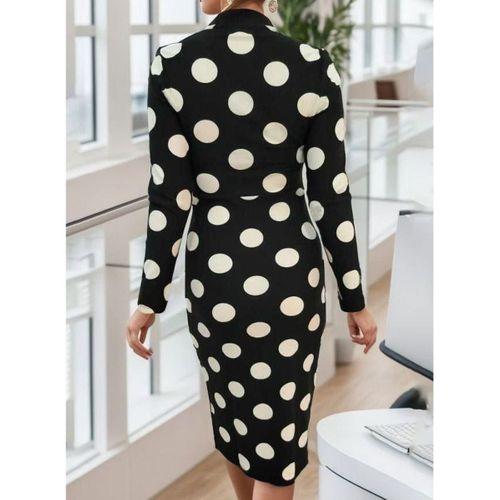 Kadın Uzun Kollu V Yaka Puantiyeli Krep Midi Boy Elbise