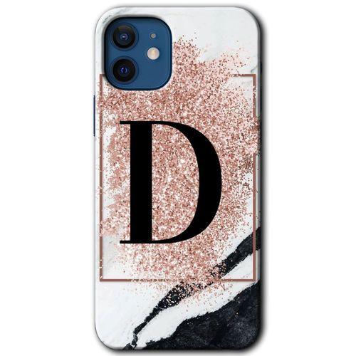 iPhone 12 Kılıf Baskılı Kapak - Pembe Mermer Desenli D Harfi + 5D Tam Kaplayan Cam