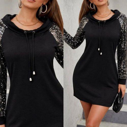 Kadın Uzun Kollu Pulpayetli Bağcıklı Cep Detaylı Mini Viskon Iki Iplik Elbise