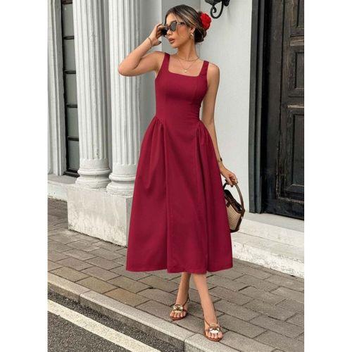 Kadın Askılı Kare Yakalı Uzun Ithal Krep Elbise