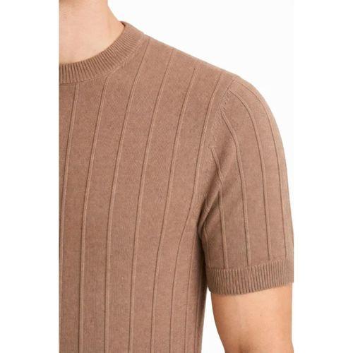 Erkek Yazlık Fitilli Triko Tişört Kısa Kol Bisiklet Yaka T-Shirt - Kahverengi