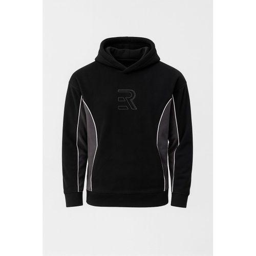 Frank Parçalı Kontrast Desenli Kapüşonlu Oversize Cepli Polar Erkek Sweatshirt - Siyah