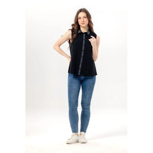 Kolsuz Aden Klasik Yaka Şile Bezi Yazlık Gömlek Siyah Syh