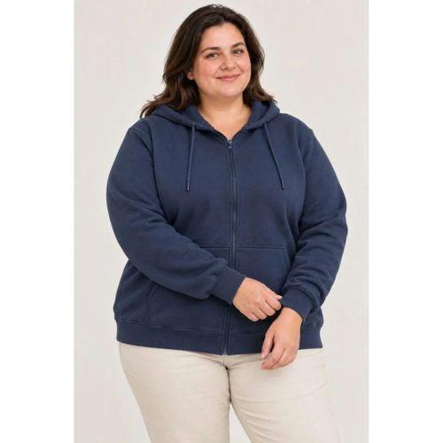 Battal Büyük Beden Üç İplik İçi Şardonlu Kapüşonlu Tam Fermuarlı Kışlık Sweatshirt - Lacivert