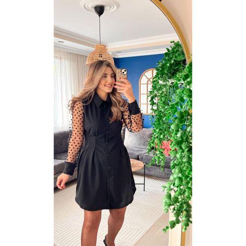 Kadın Uzun Kollu Yakalı Düğmeli Mini Ithal Krep Elbise