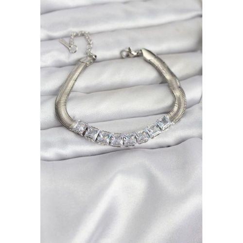 316L Çelik Gümüş Renk Kare Zirkon Taşlı Yılan Zincirli Kadın Bileklik