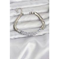 316L Çelik Gümüş Renk Kare Zirkon Taşlı Yılan Zincirli Kadın Bileklik